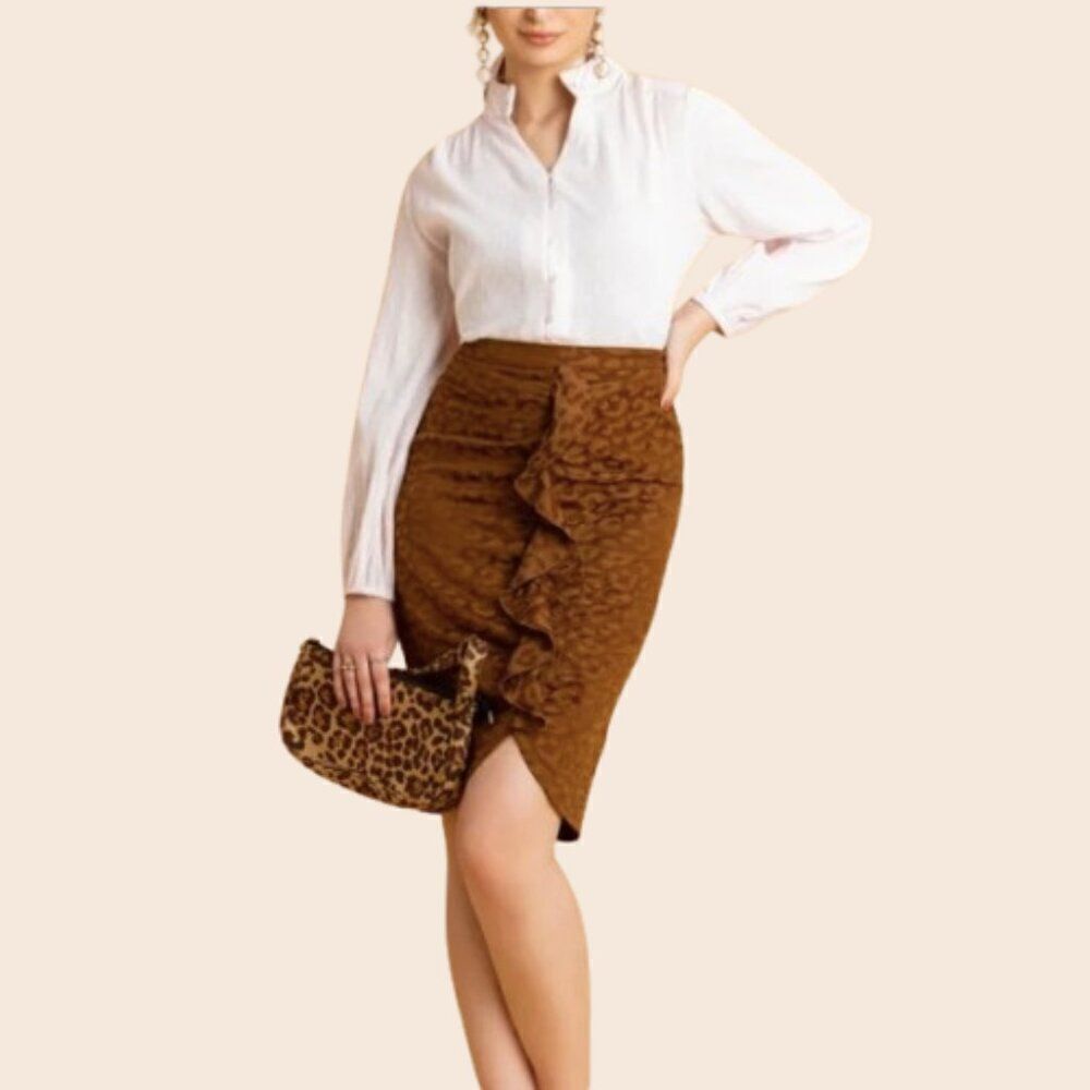 Zara Basic Jacquard Animal Print Vertical Ruffled Pencil Skirt Size Large NWT